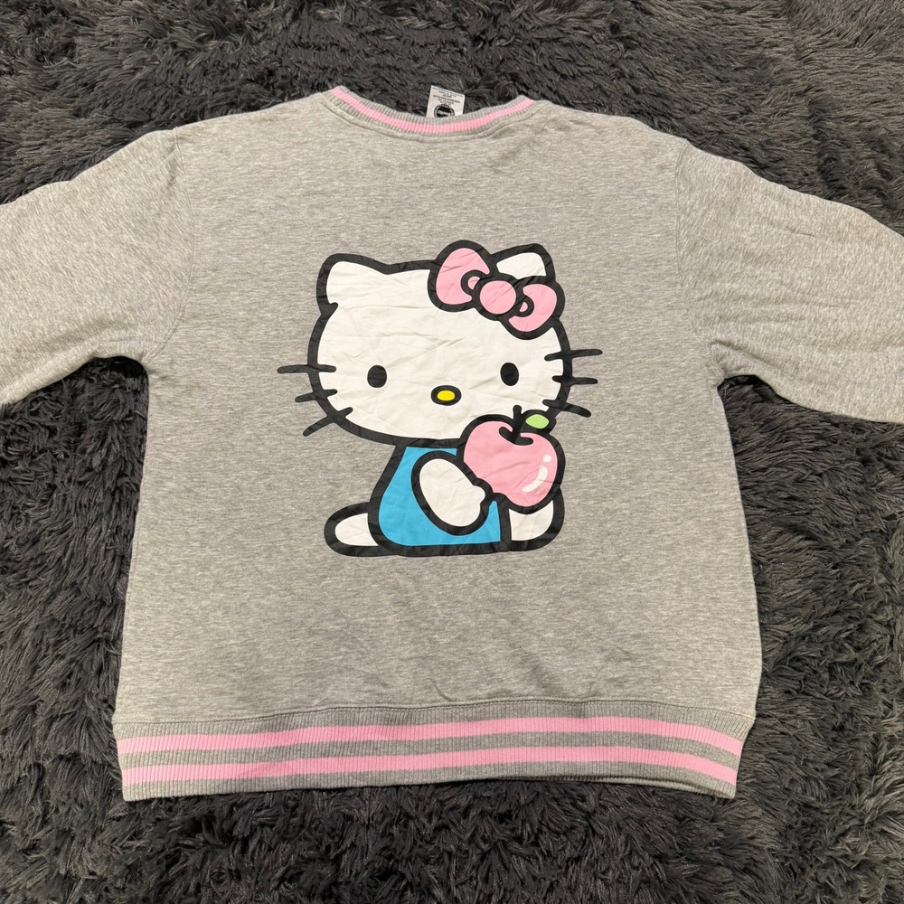 Hello Kitty Sanrio Bioworld Sweatshirt Gray Pink Striped Pullover Large Graphic